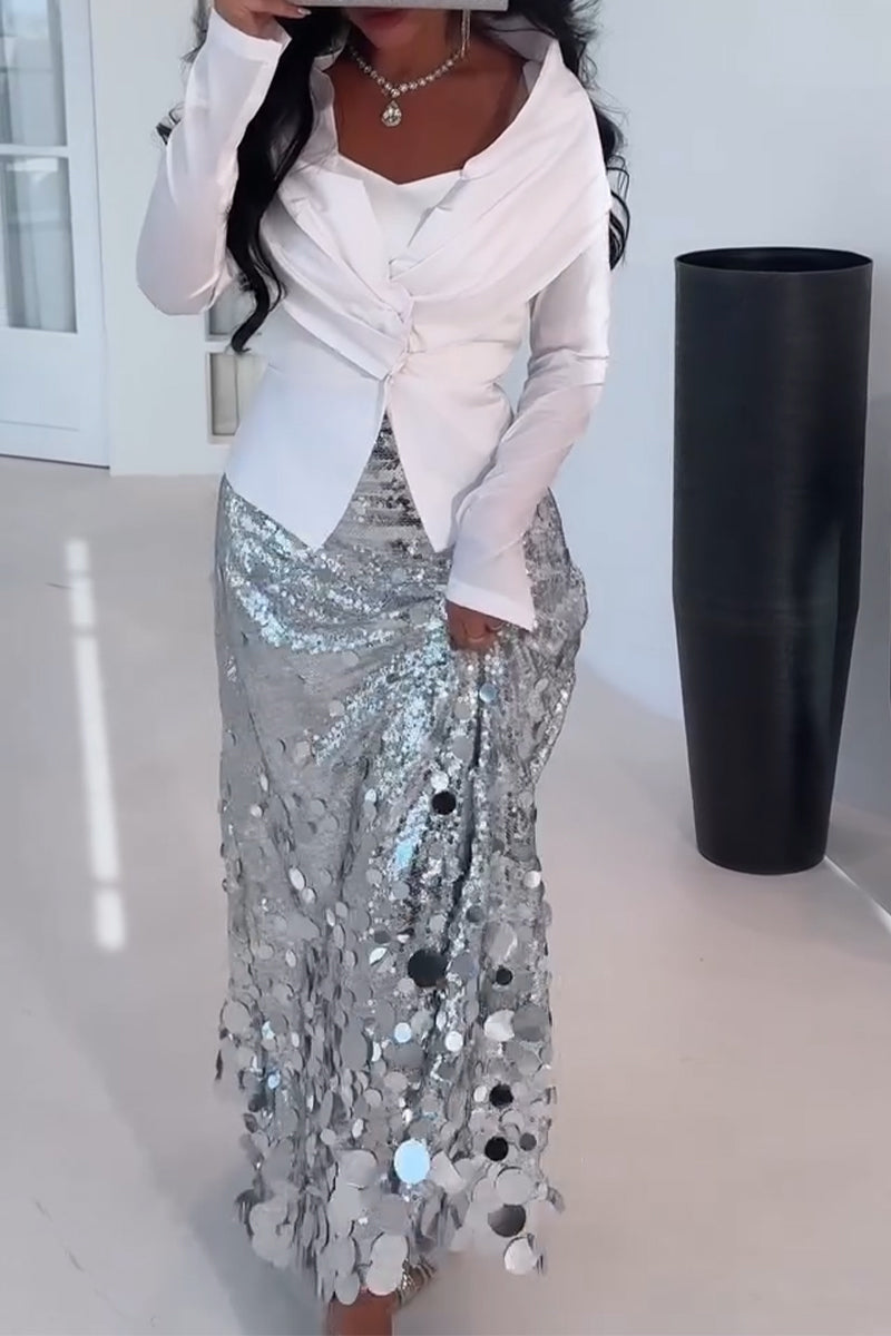 Women Elegant Temperament Patchwork Shirt or Sequined Skirt