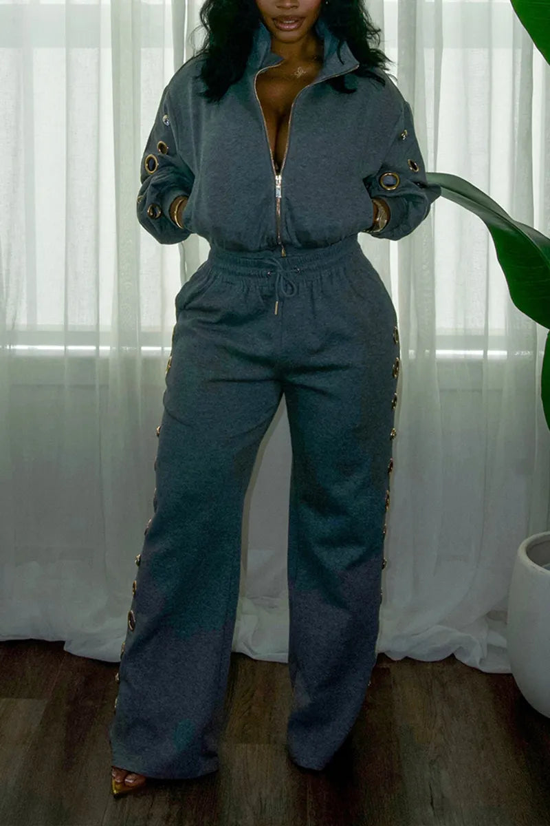 Women's Casual Metal Cut-Out Decoration Jacket or Pants