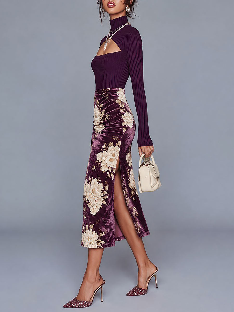 Vintage Keyhole Neckline Ribbed Top & Velvet Floral Print Ruched Midi Skirt Set