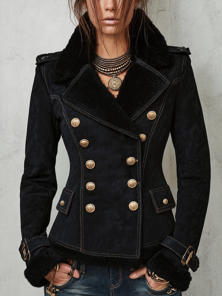 Double-Breasted Faux Shearling Collar Black Jacket