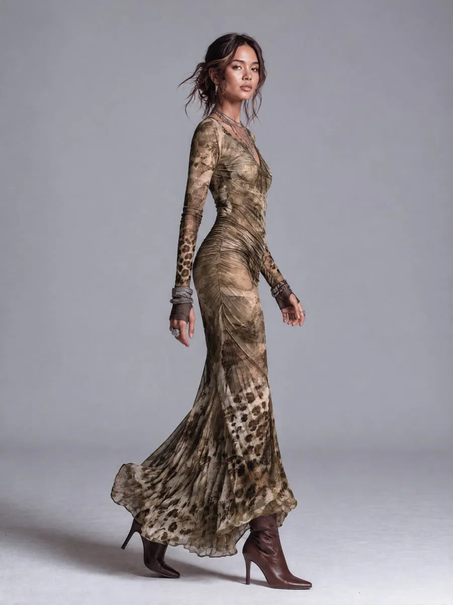 Women's Khaki Vintage Leopard Print Long Sleeve V-Neck Ruched Mermaid Maxi Dress
