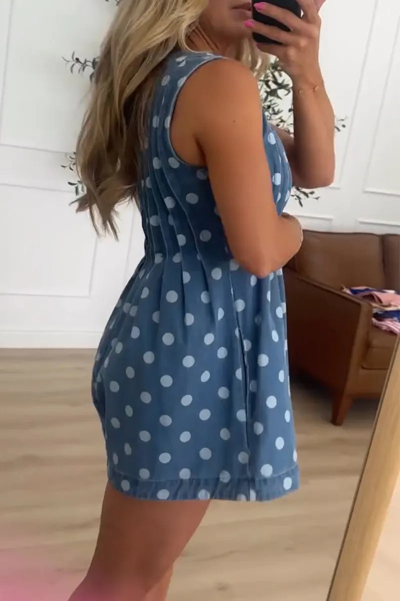 Women V-neck Polka Dot Casual Short Denim Jumpsuit