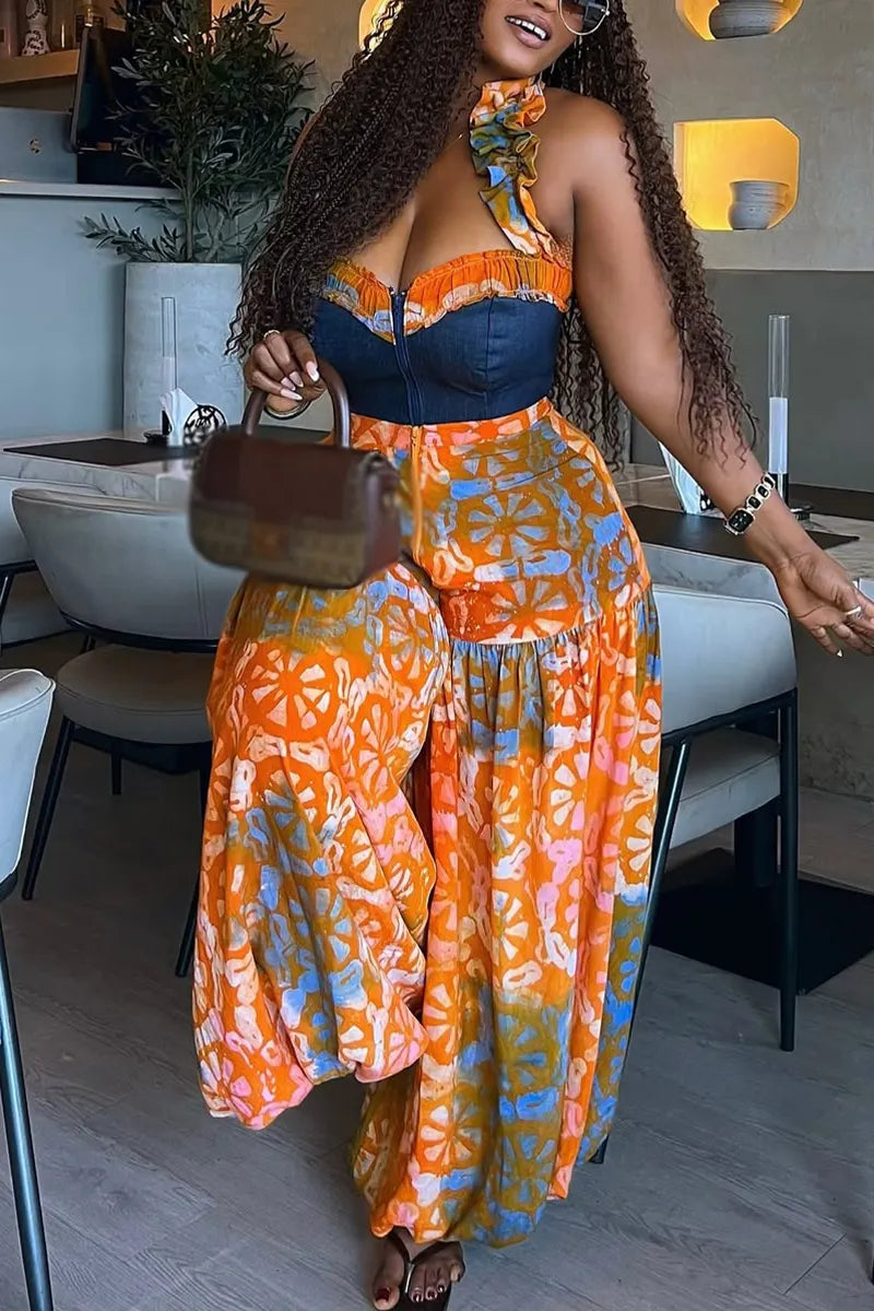 Women Hanging Neck Spliced Denim Print Casual Wide Leg Jumpsuit