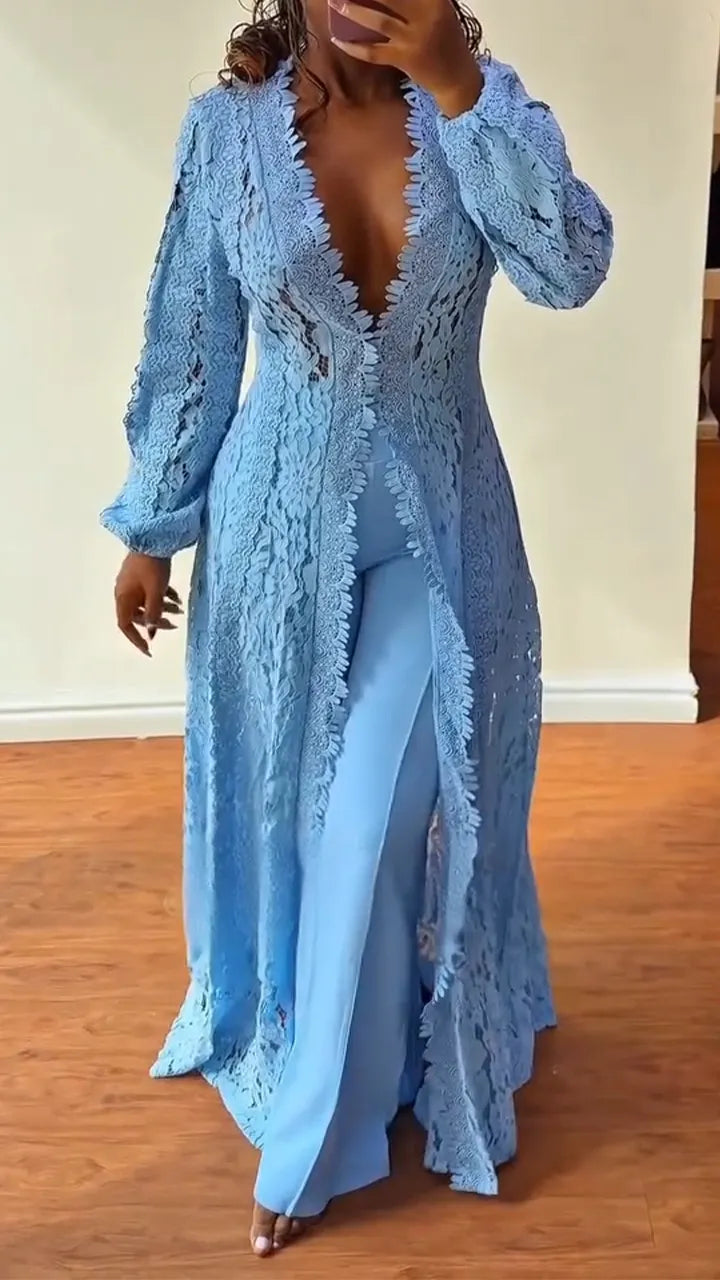 Women Long Lace Cardigan + Trousers Solid Color Casual Suit