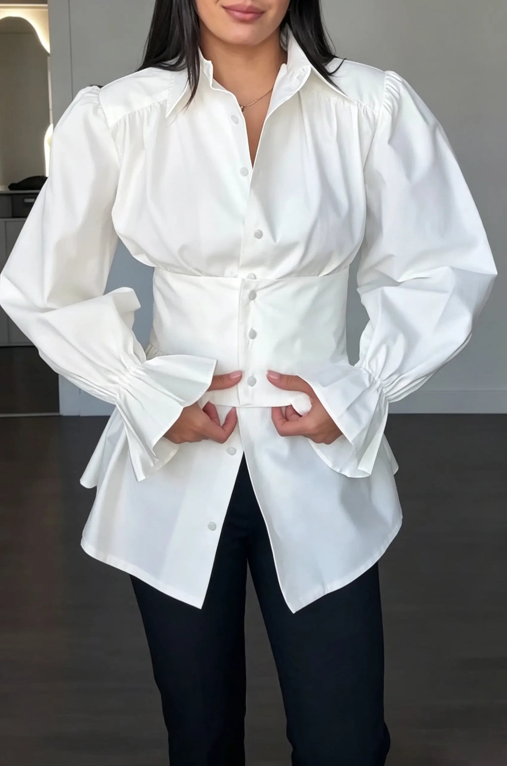 Women's Fashion Puff Sleeve Shirt with Waist Corset