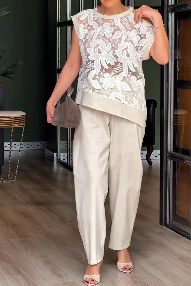 Women Round Neck Patterned See Through Top+ Wide Leg Pants Casual Suit