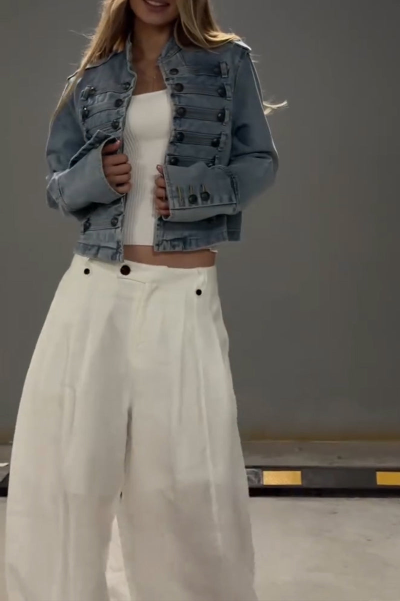 Women's Casual Knot Button Decoration Cropped Denim Jacket