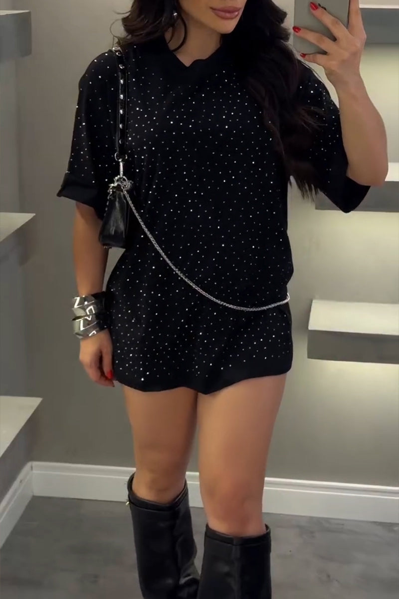 Women's Casual Shiny Rhinestone Loose T-Shirt
