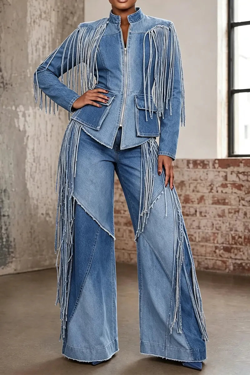 Women's Round Neck Washed Water Spliced Tassel Denim Jacket or Wide Leg Jeans