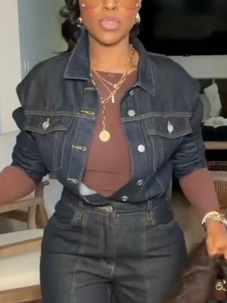Women Laple Collar Jacket+ Pants Casual Denim Suit