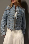 Women's Casual Knot Button Decoration Cropped Denim Jacket