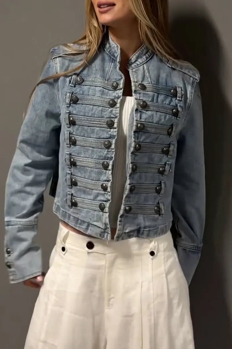 Women's Casual Knot Button Decoration Cropped Denim Jacket