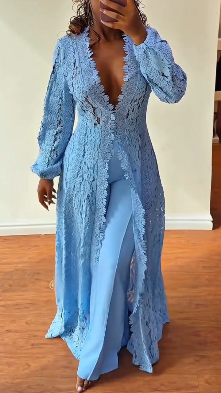 Women Long Lace Cardigan + Trousers Solid Color Casual Suit