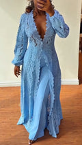 Women Long Lace Cardigan + Trousers Solid Color Casual Suit
