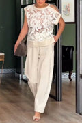 Women Round Neck Patterned See Through Top+ Wide Leg Pants Casual Suit