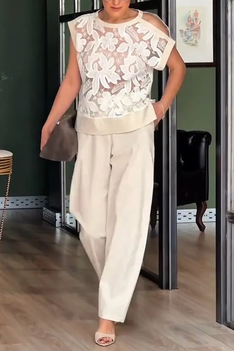Women Round Neck Patterned See Through Top+ Wide Leg Pants Casual Suit