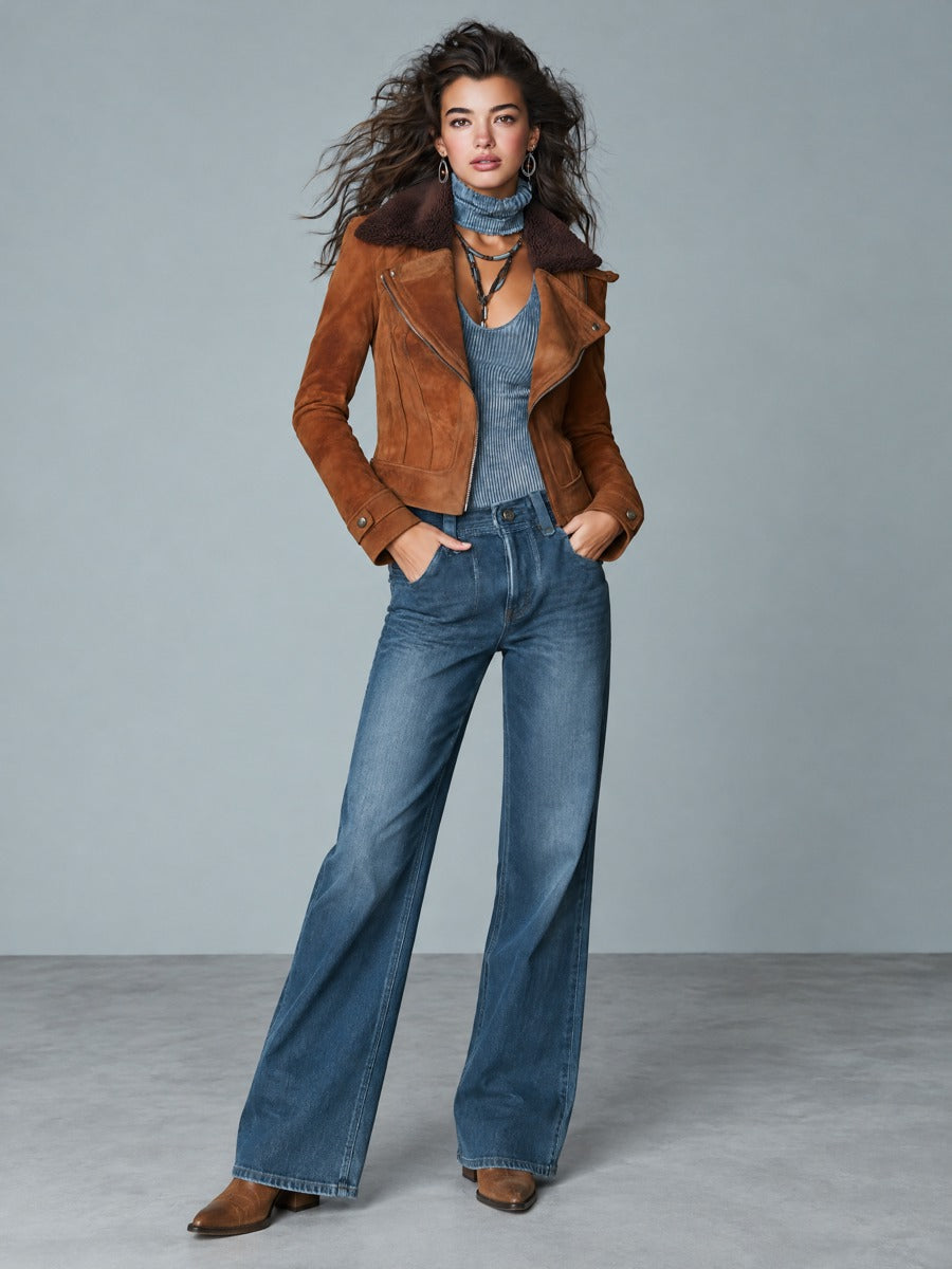 Boho Suede-Look Asymmetric Zip Moto Jacket with Faux Shearling Collar