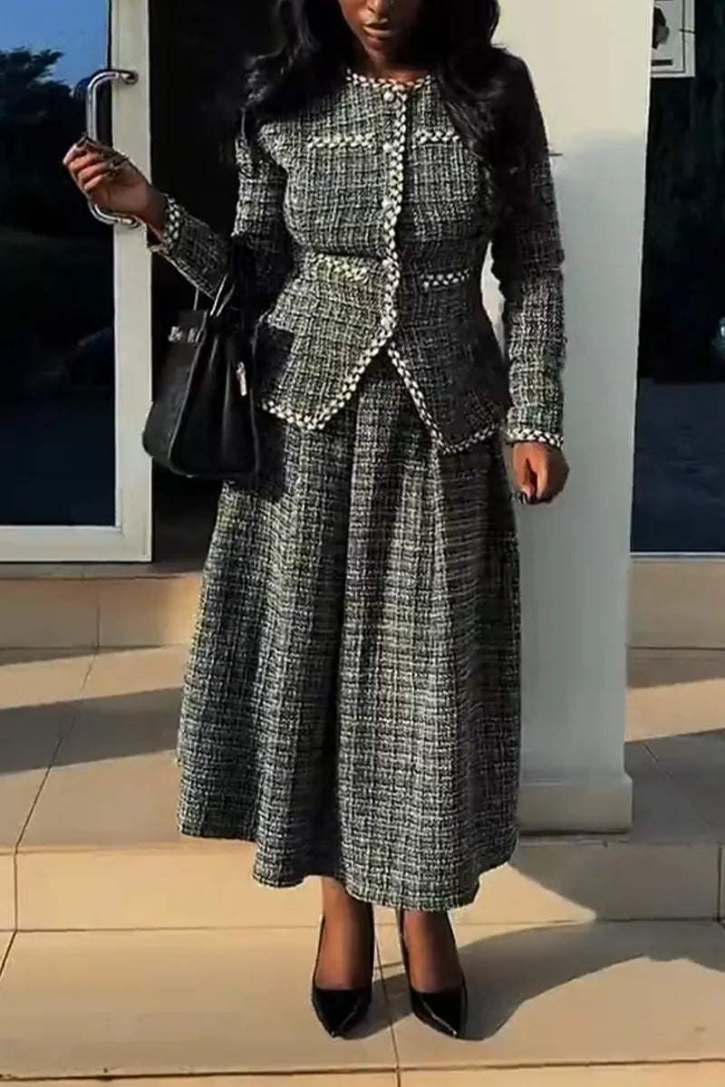 Women Round Neck Elegant Temperament Coarse Tweed Top or Skirt