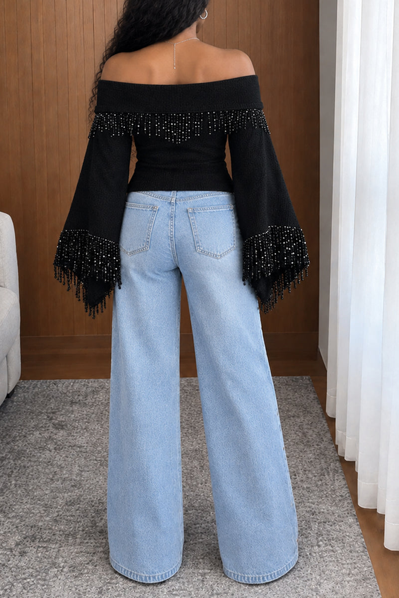 Women's Slim Fit Off Shoulder Rhinestone Fringe Black Bell Sleeve Top