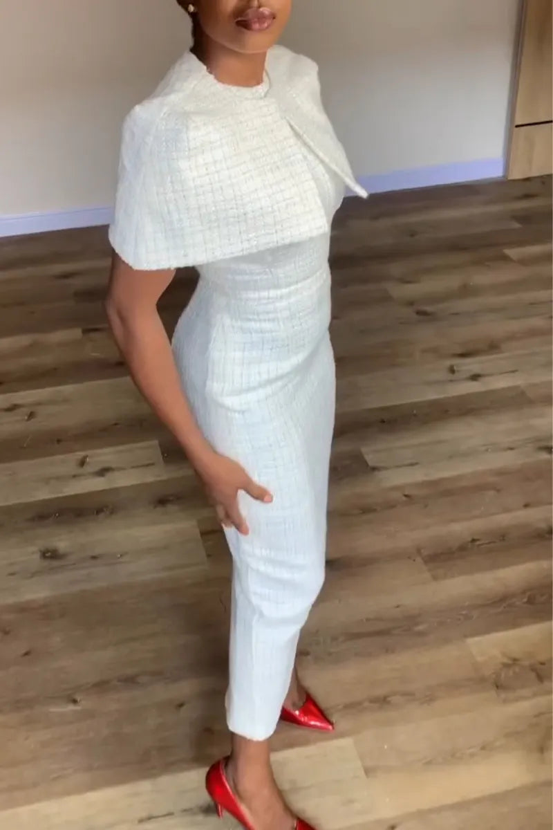 Women Round Neck Tweed Dress+ Shawl Elegant Temperament Set