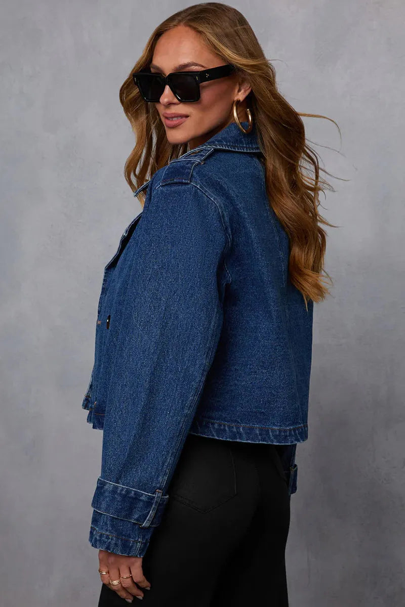 Women's Washed Denim Lapel Neck Cropped Jacket