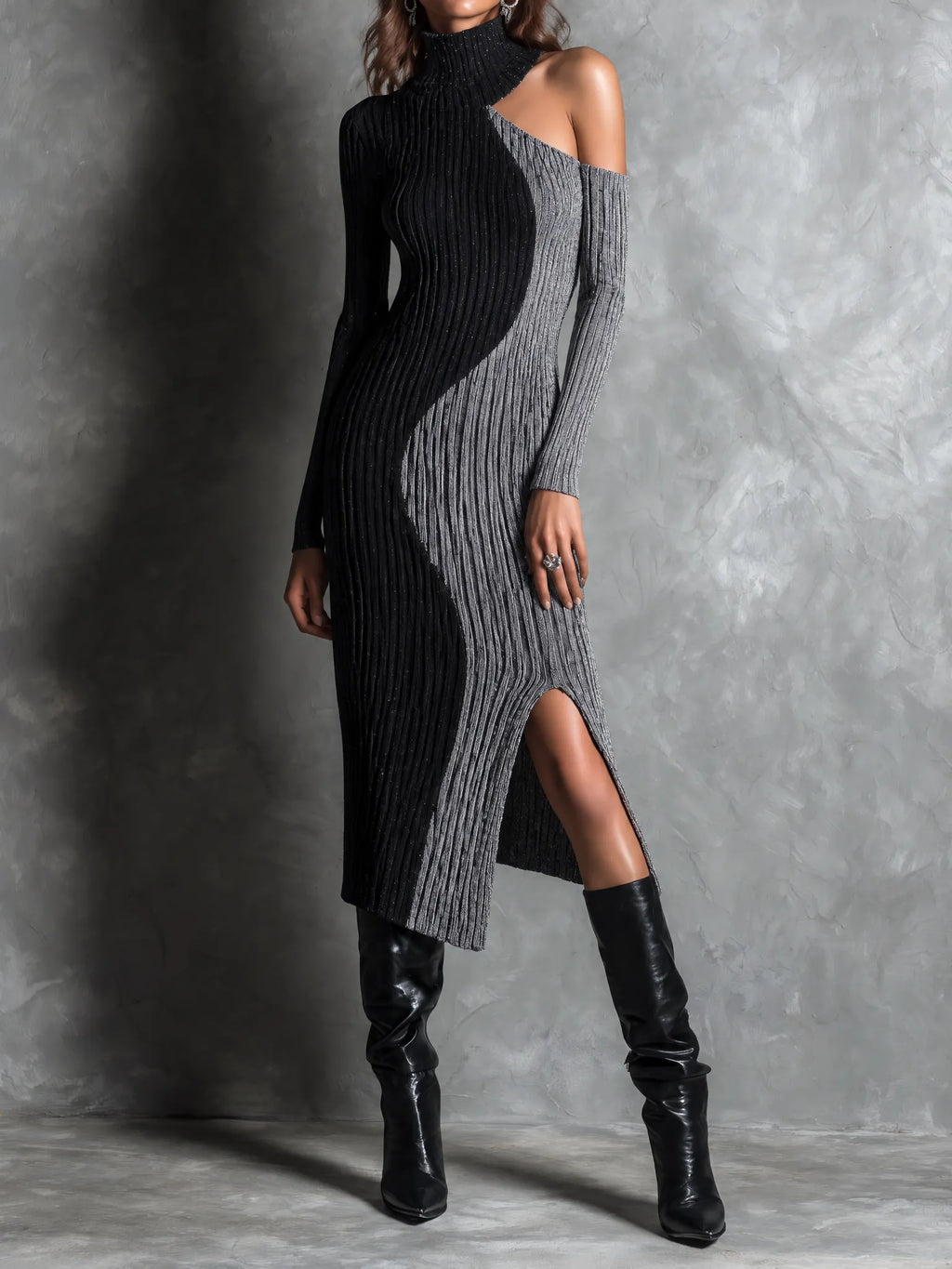Chic Colorblock Ribbed Knit Turtleneck Cold Shoulder Midi Sweater Dress