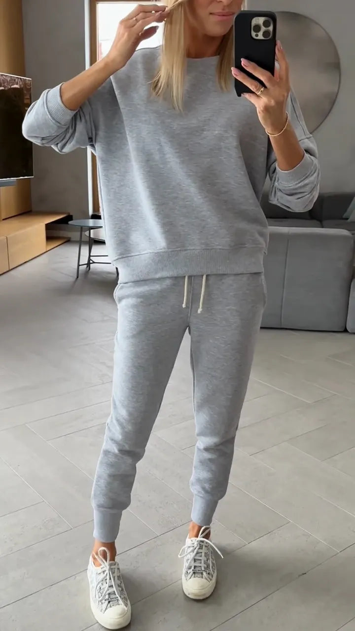 Women Round Neck Top+ Drawstring Pants Solid Color Casual Set