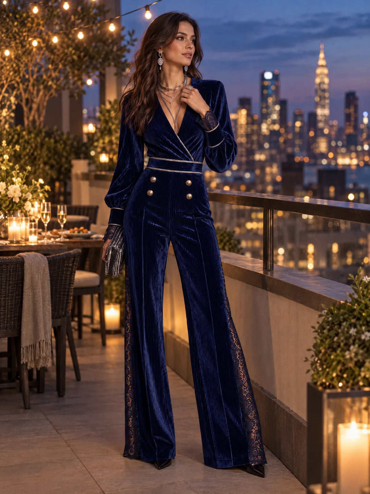 Navy Velvet Surplice V-Neck Wide Leg Jumpsuit with Lace Trim and Bishop Sleeves