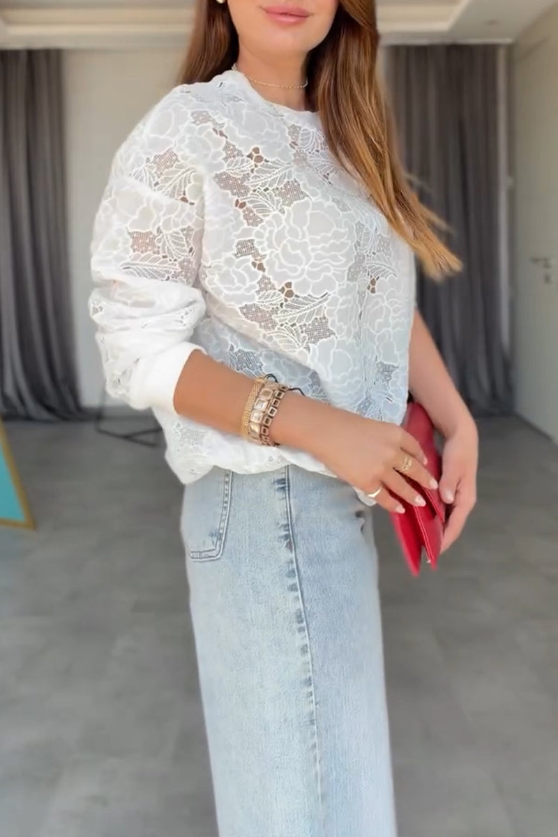 Women's Casual Flower Pattern Decoration Crew Neck Top
