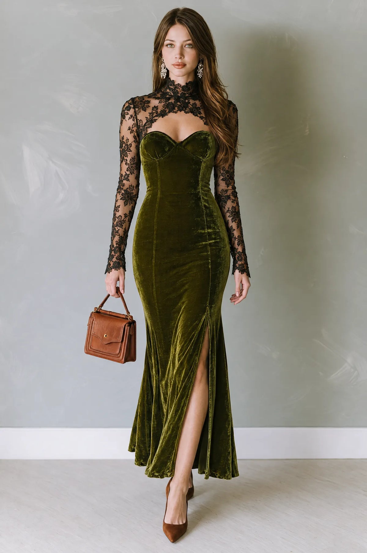 Retro Elegant Olive Green Velvet Mermaid Maxi Dress With Black Lace Panel
