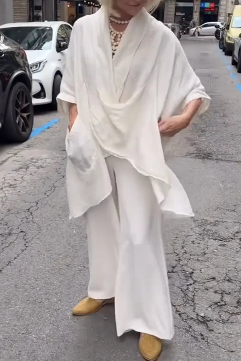Womens V-neck Top+ Wide Leg Pants Loose Casual Suit