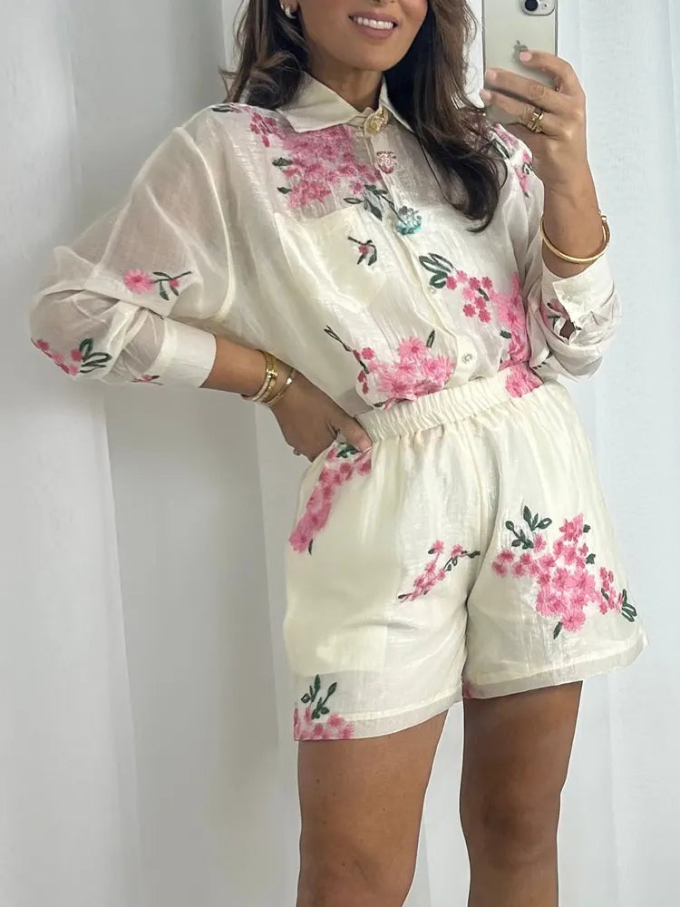 Women Collar Embroidered Flower Top+ Pants Casual Set