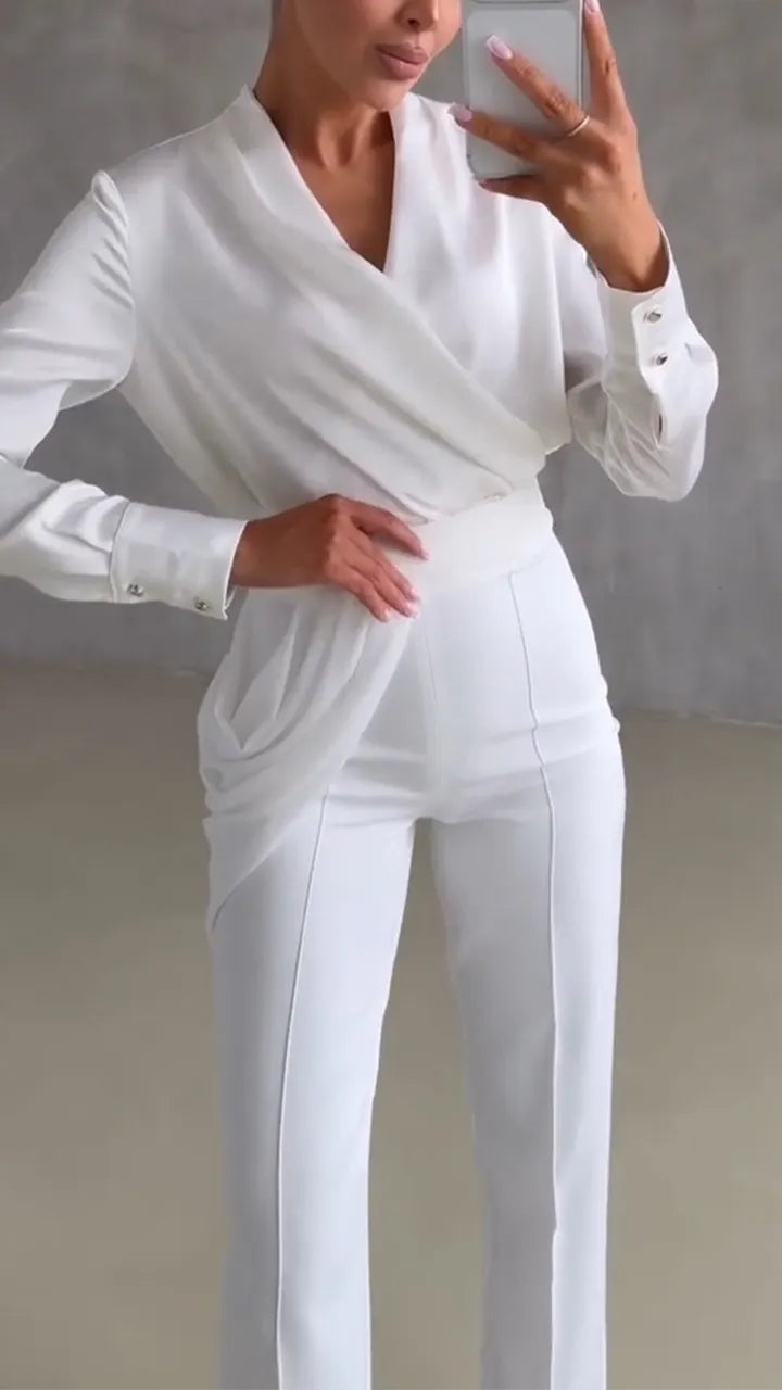 Women V-neck Top + Patchwork Pants Solid Color Temperament Commuting Set