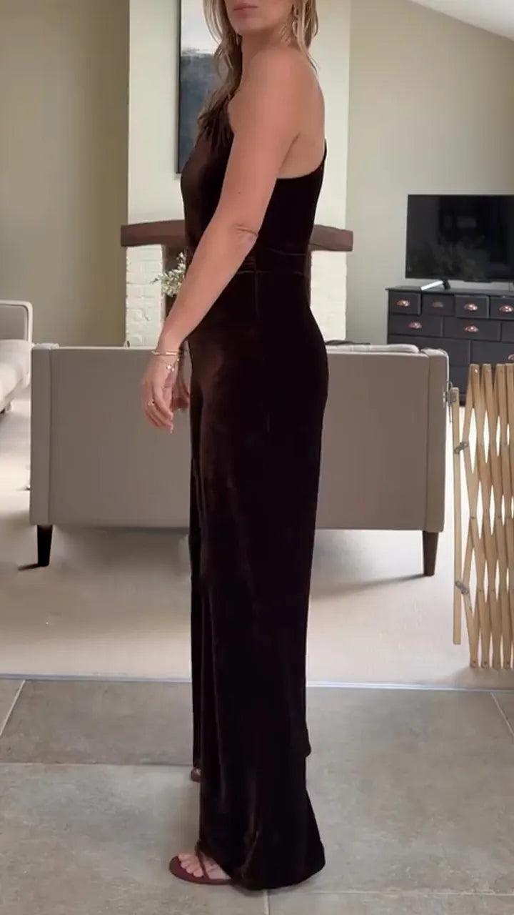 Women One Shoulder Velvet Temperament Casual Jumpsuit