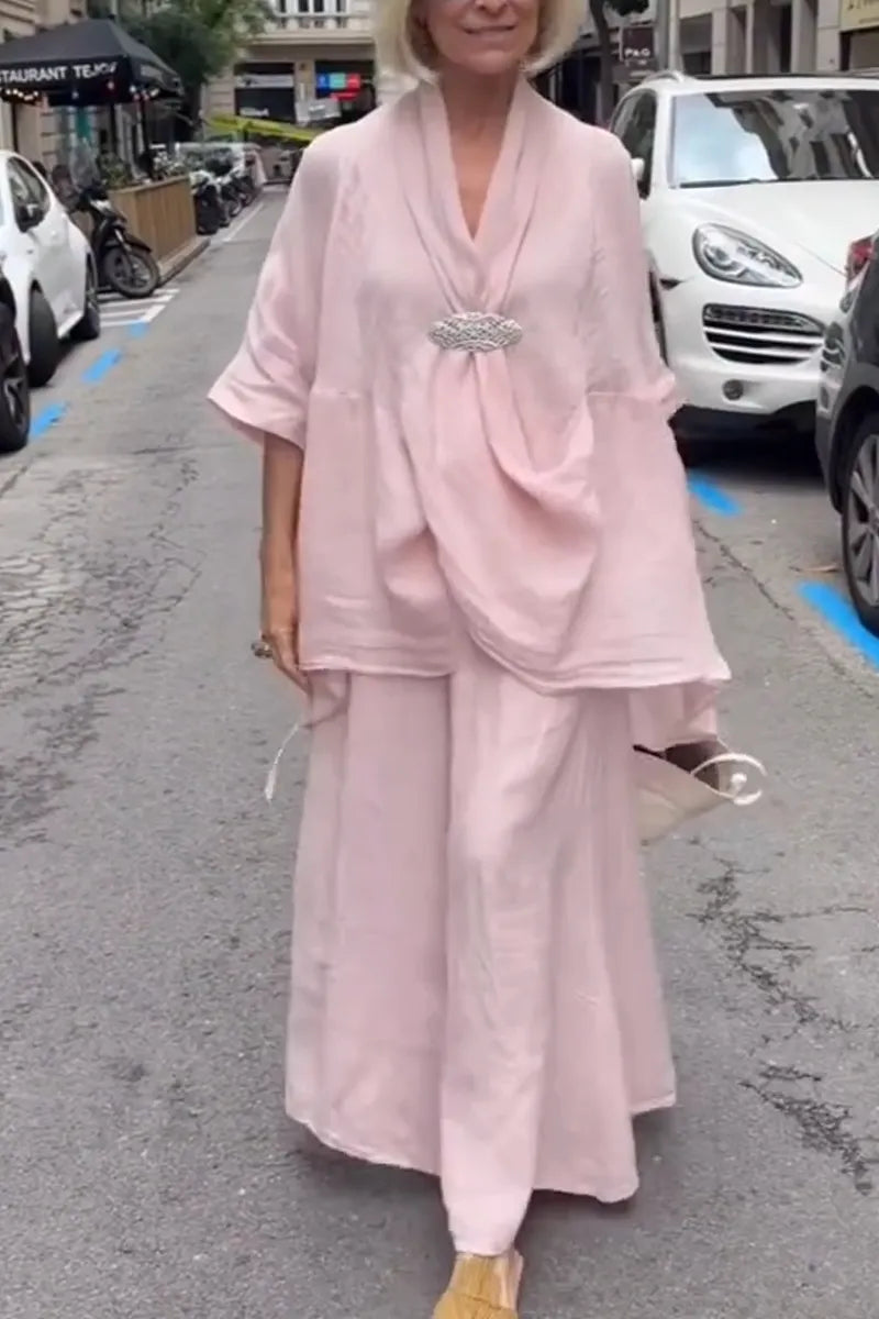 Womens V-neck Top+ Wide Leg Pants Loose Casual Suit