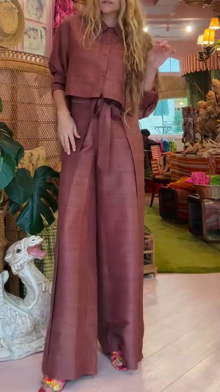 Women Collar Top+ Patchwork Pants Casual Suit