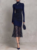 Navy Ribbed Knit Sheer Scalloped Lace Hem Turtleneck Midi Dress