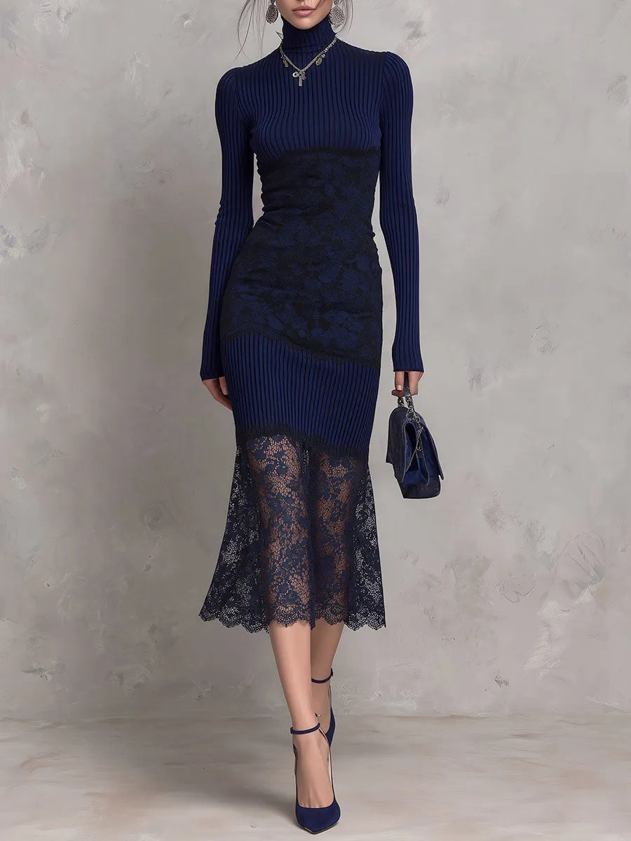 Navy Ribbed Knit Sheer Scalloped Lace Hem Turtleneck Midi Dress
