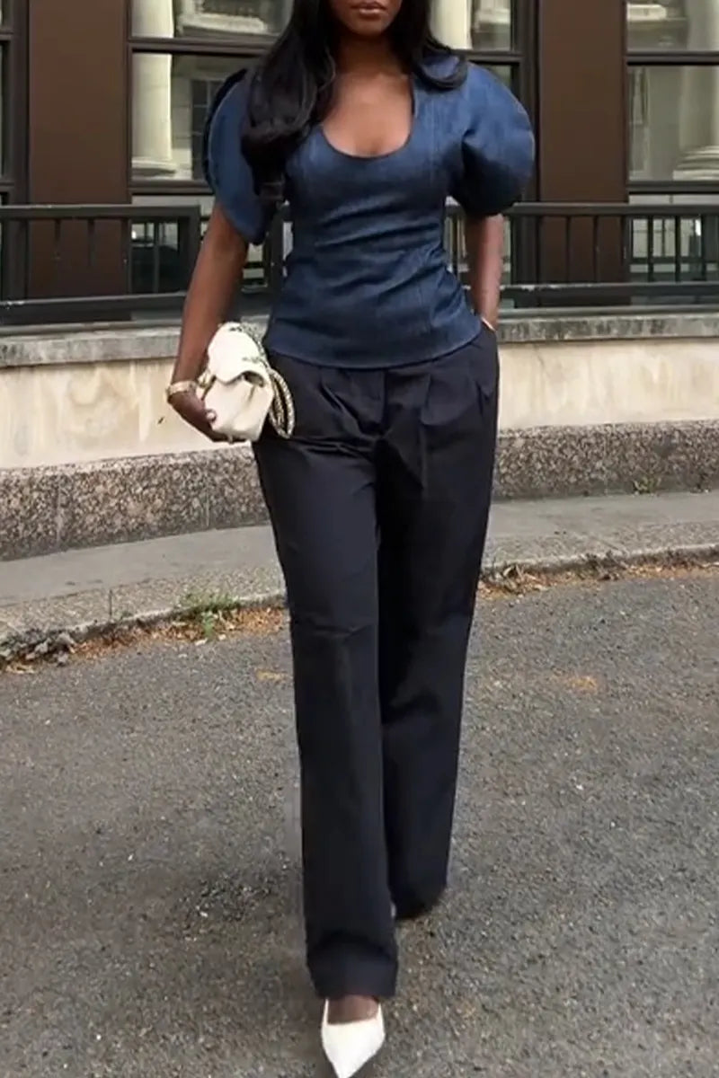 Women's U-neck Waist Cinched Denim Top or Casual Wide Leg Pants