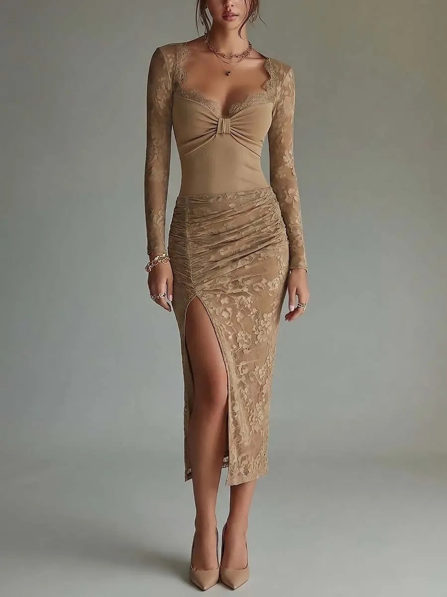 Camel Lace Long Sleeve Sweetheart Neck Ruched Bodycon Midi Dress with Front Slit
