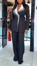 Women V-neck Sticker Diamond Contrasting Color Blazer + Pants Temperament Commuting Suit