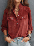 Vintage Stand Collar Half-Button Polyester Suede Pullover Shirt