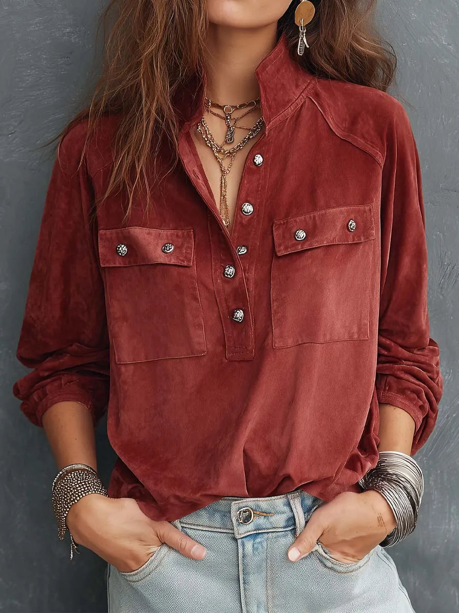 Vintage Stand Collar Half-Button Polyester Suede Pullover Shirt