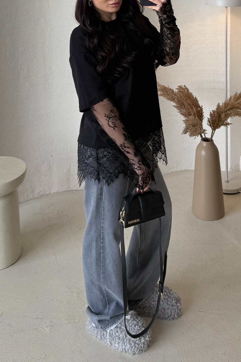 Women's Casual Lace Patchwork Loose T-Shirt