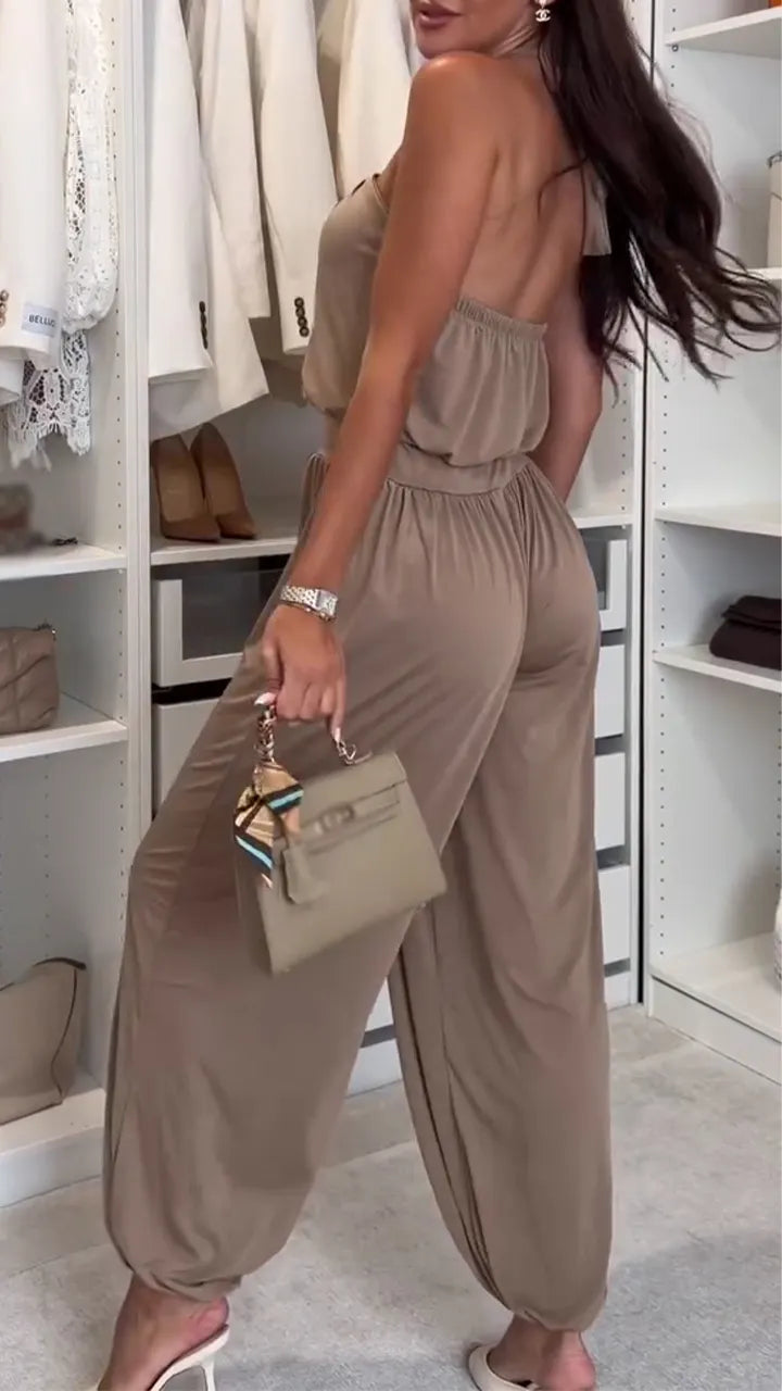 Women Hanging Neck Sleeveless Patchwork Solid Color Casual Jumpsuit