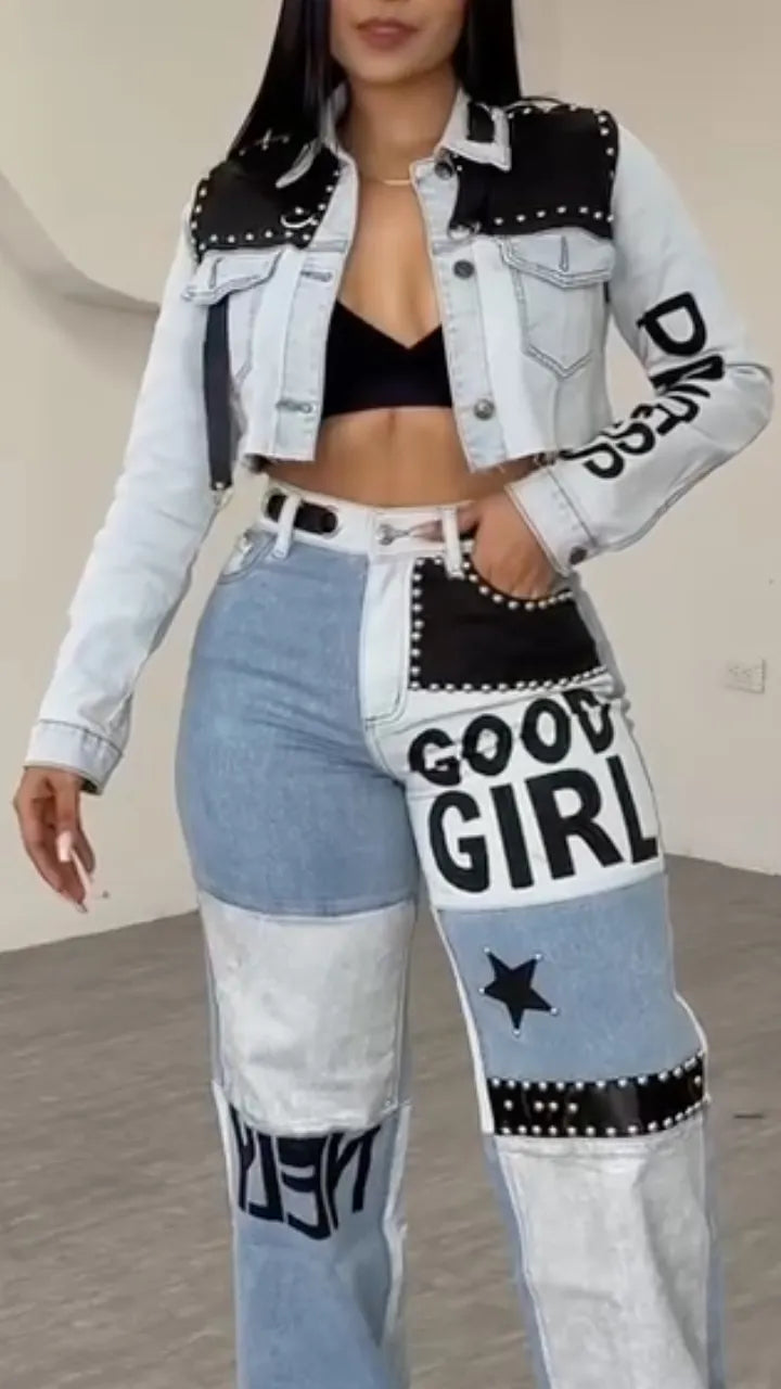 Women Laple Collar Nail Bead Patchwork Printed Letter Casual Denim Suit