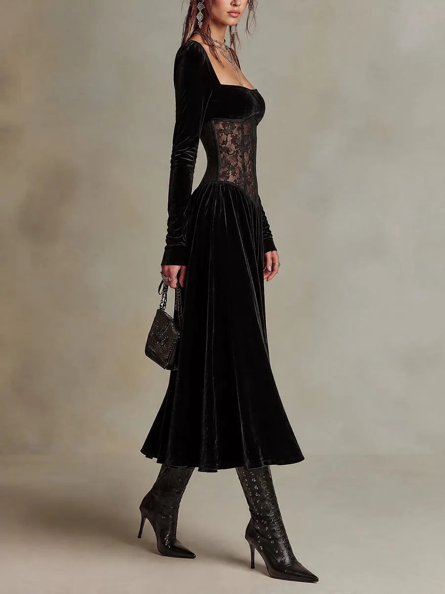 Black Velvet Square Neck Long Sleeve Midi Dress with Sheer Lace Corset Waist