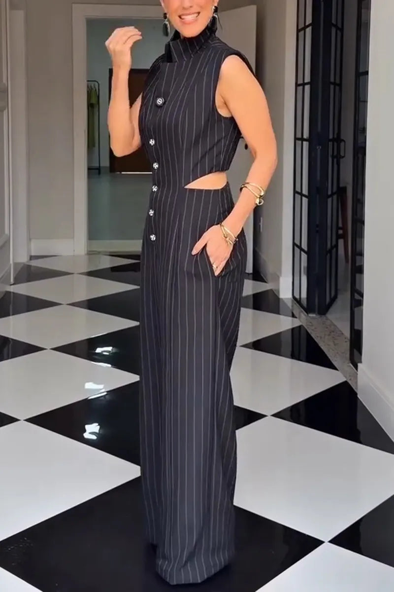 Women's Fashion Waist Cutout Stripe Wide Leg Jumpsuit