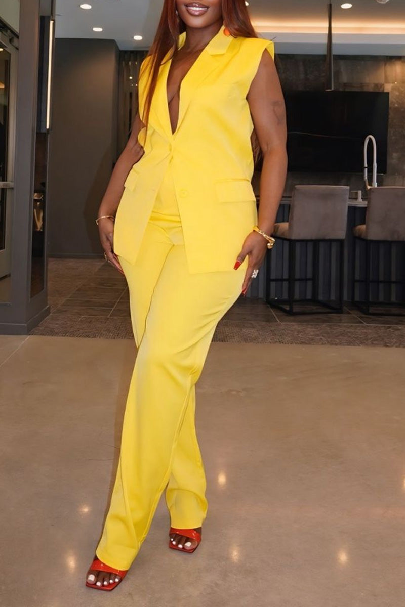 Women's Elegant Yellow Sleeveless Vest Or Wide-Leg Trousers