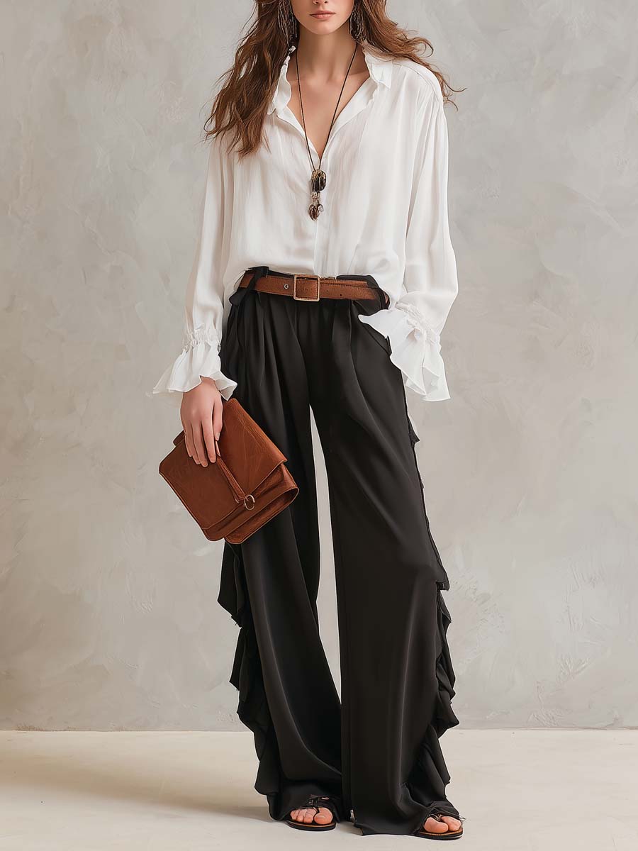 Retro Ruffled Chiffon Shirt And Pants Two-piece Set